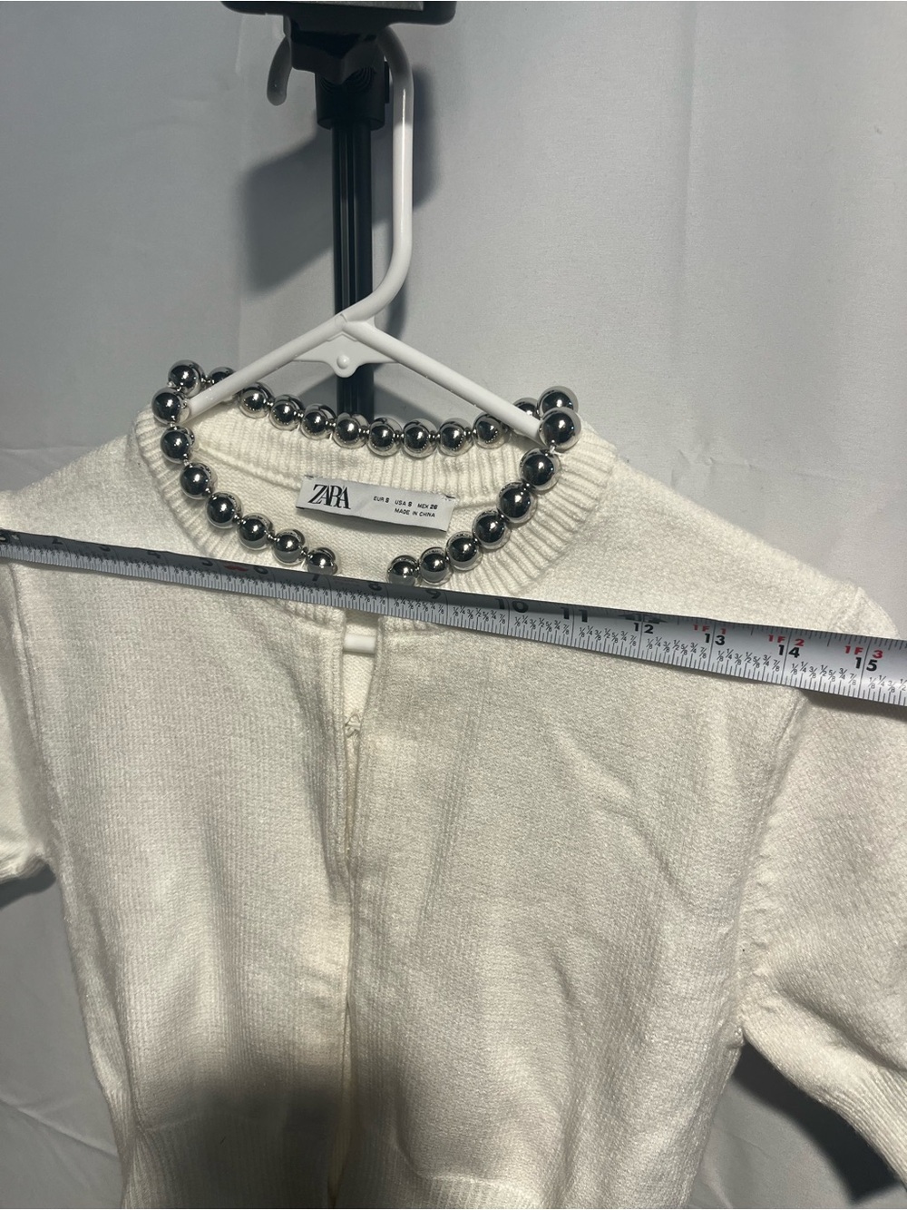 Zara White Short Sleeve w/ Silver oversized metallic silver Beaded Neck Cardigan - Picture 4 of 10